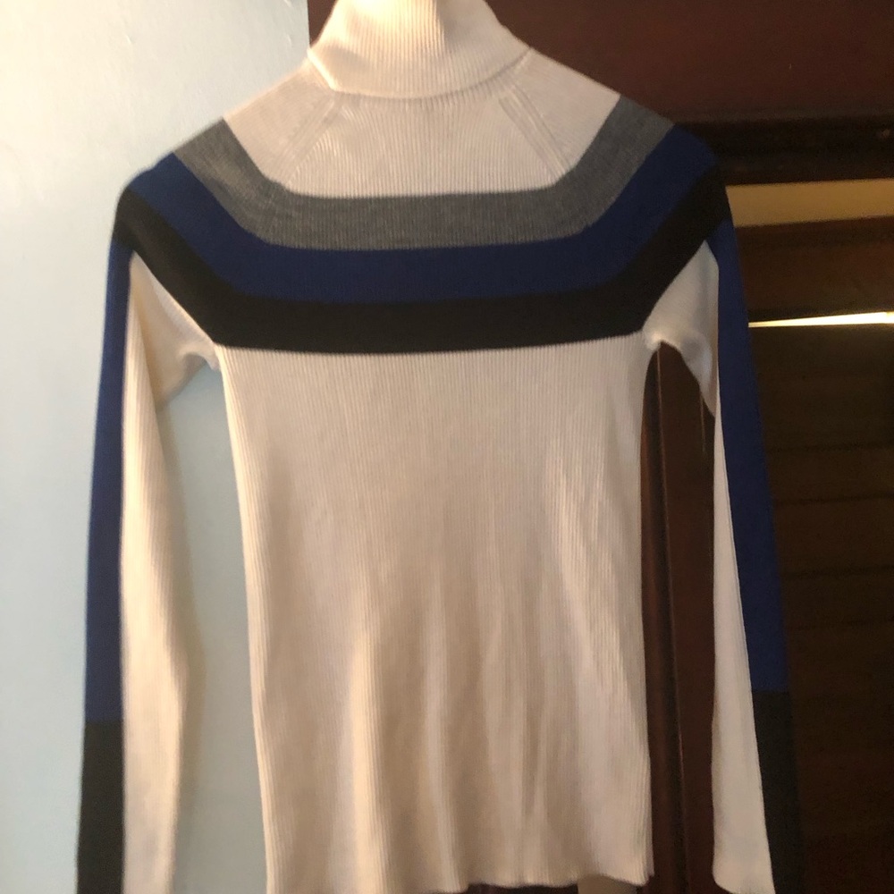 Athleta Cream Turtleneck Sweater with Blue, Gray and Black Stripes